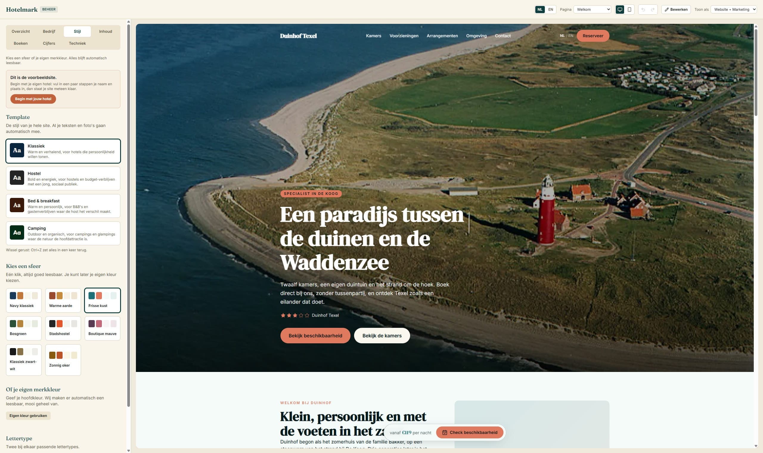 Het Hotelmark-dashboard met de template-keuze en het live voorbeeld